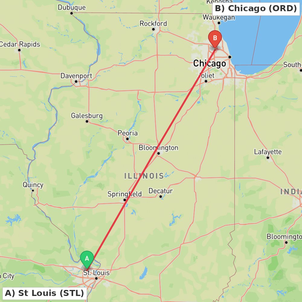 Flight route map from St Louis to Chicago
