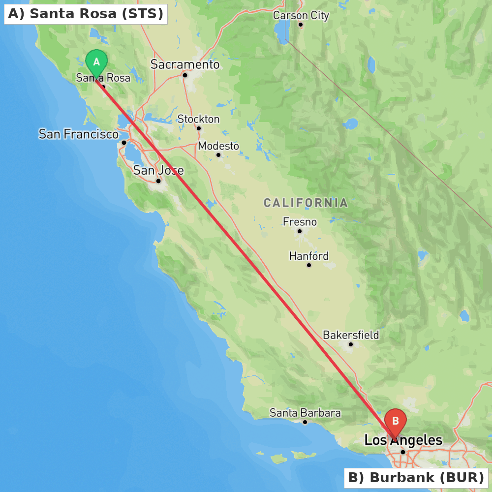 Flight route map from Santa Rosa to Burbank