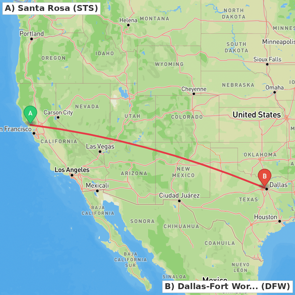 Flight route map from Santa Rosa to Dallas-Fort Worth