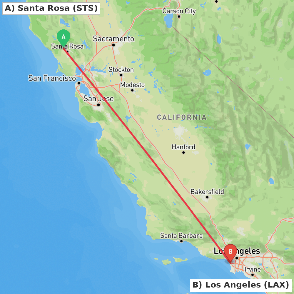Flight route map from Santa Rosa to Los Angeles