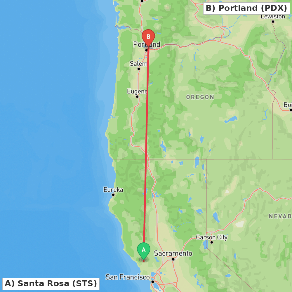 Flight route map from Santa Rosa to Portland