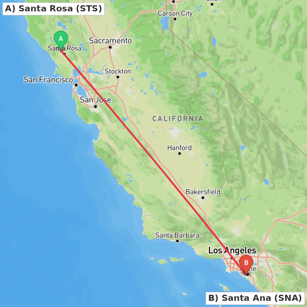 Flight route map from Santa Rosa to Santa Ana
