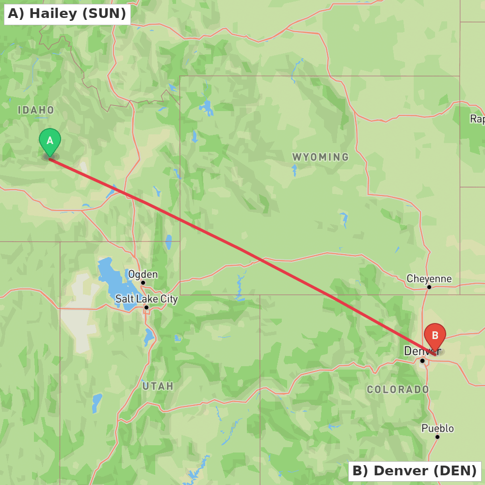 Flight route map from Hailey to Denver