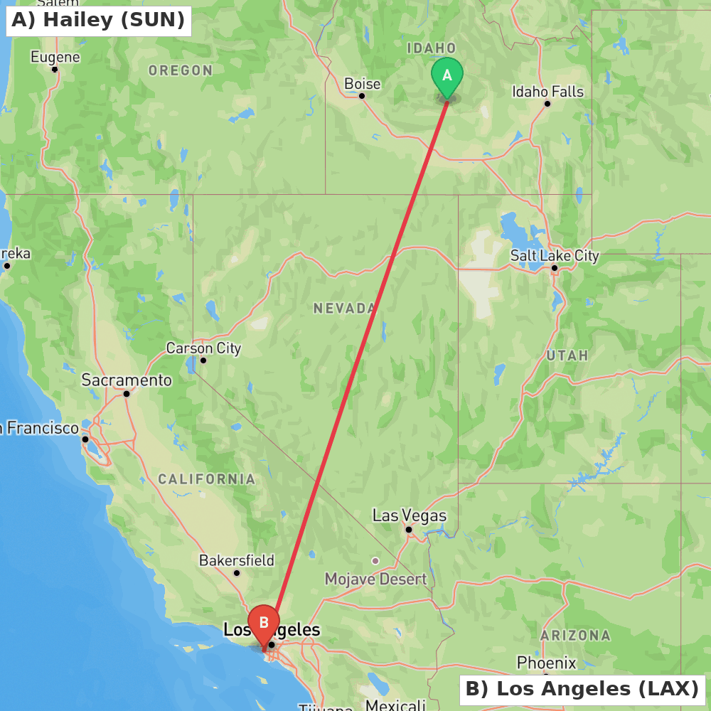 Flight route map from Hailey to Los Angeles