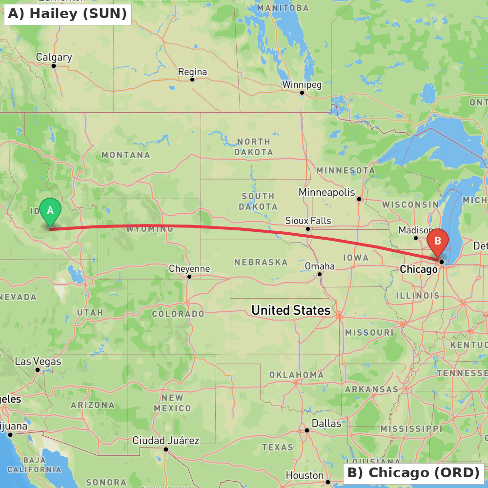 Flight route map from Hailey to Chicago