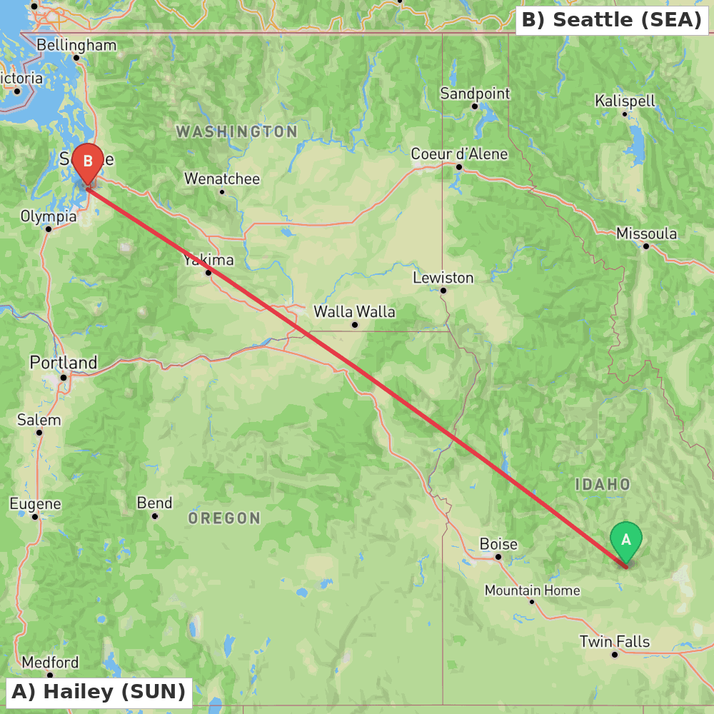 Flight route map from Hailey to Seattle