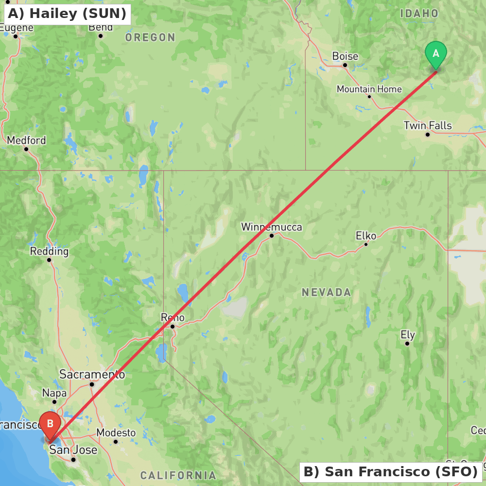 Flight route map from Hailey to San Francisco