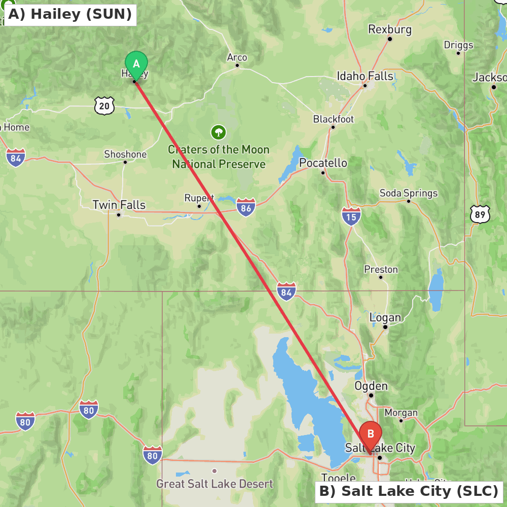 Flight route map from Hailey to Salt Lake City