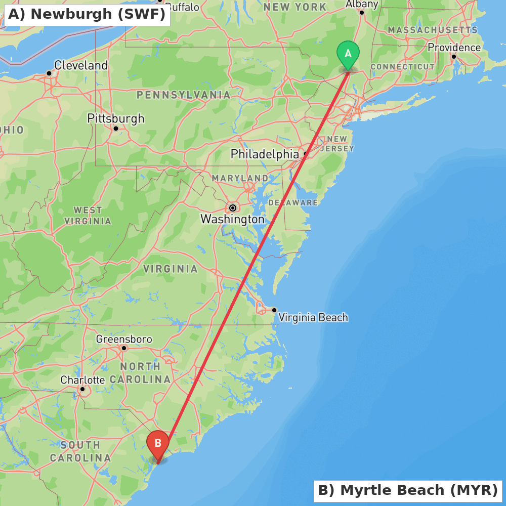 Flight route map from Newburgh to Myrtle Beach
