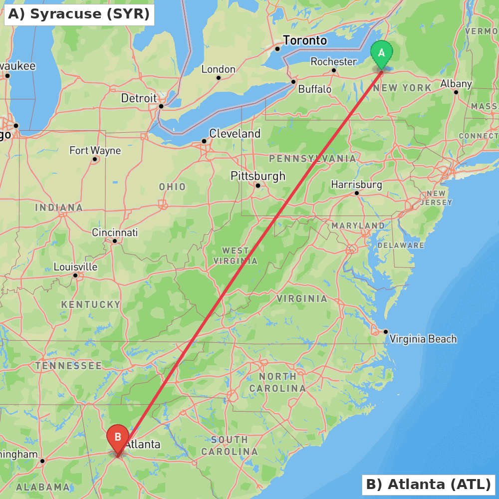 Flight route map from Syracuse to Atlanta