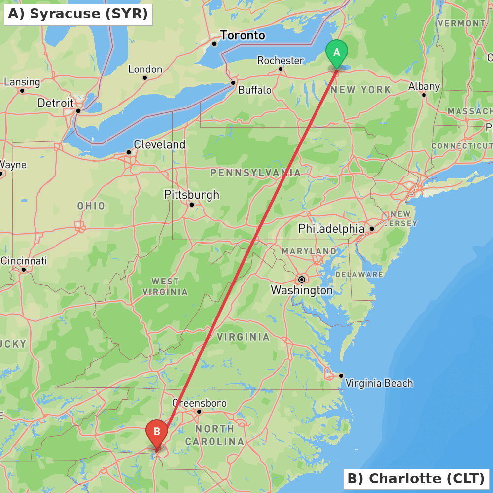 Flight route map from Syracuse to Charlotte