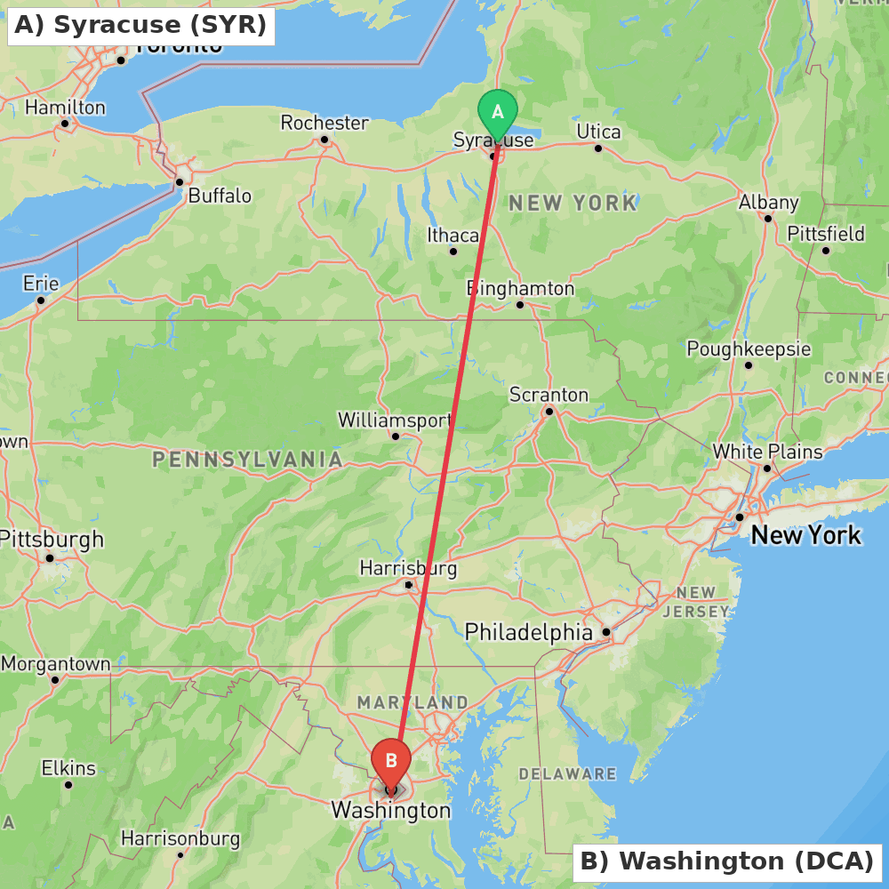 Flight route map from Syracuse to Washington