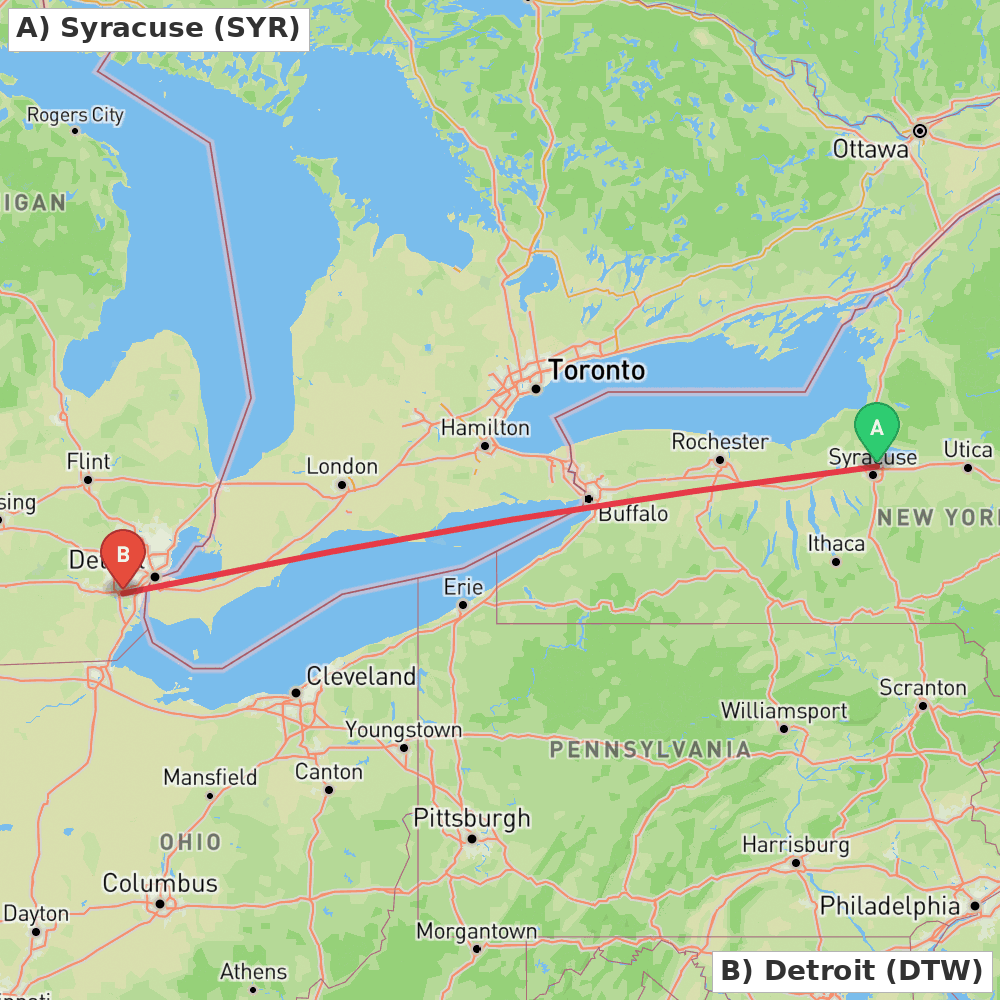 Flight route map from Syracuse to Detroit