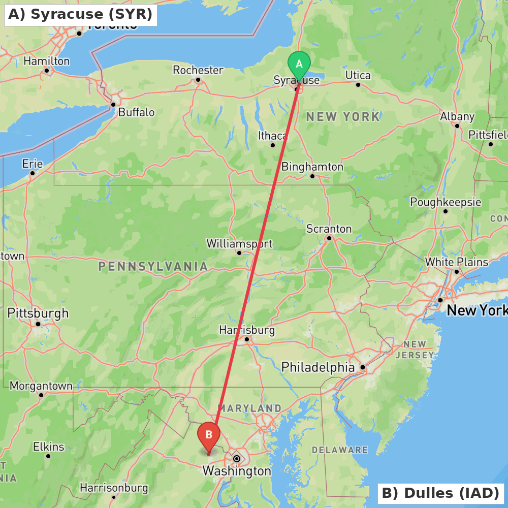 Flight route map from Syracuse to Dulles