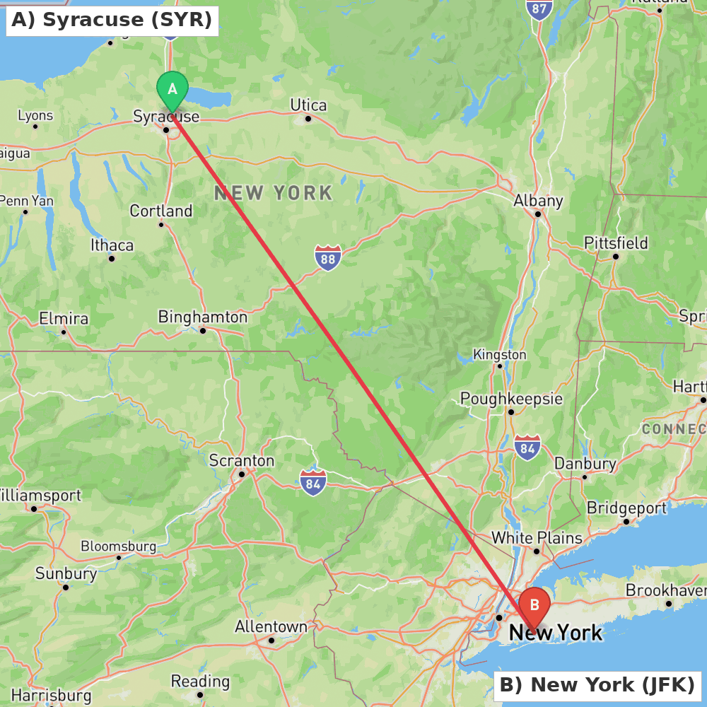 Flight route map from Syracuse to New York