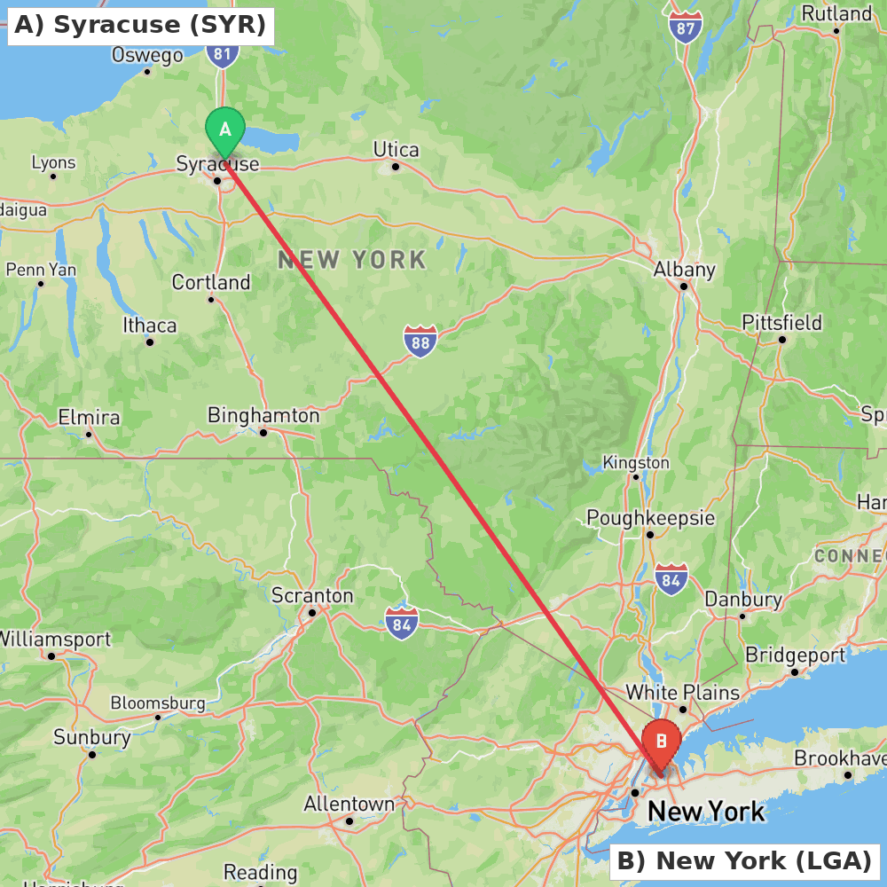 Flight route map from Syracuse to New York