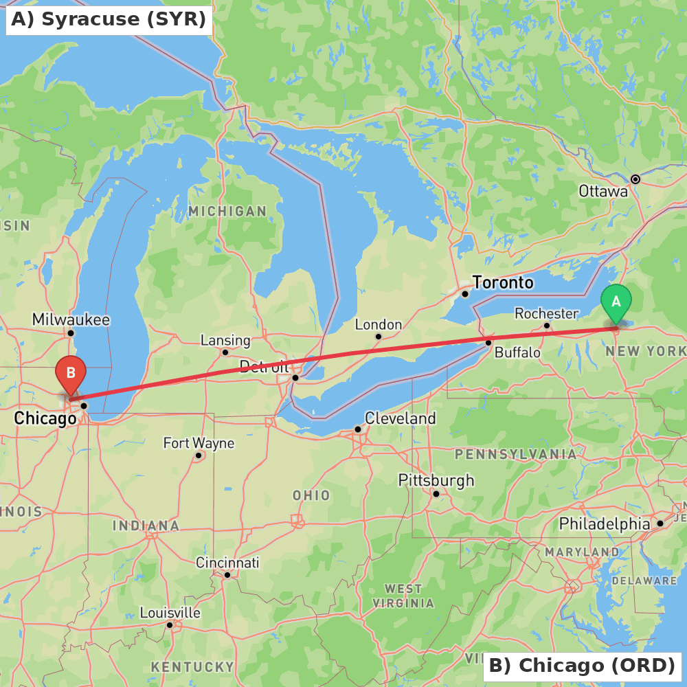 Flight route map from Syracuse to Chicago