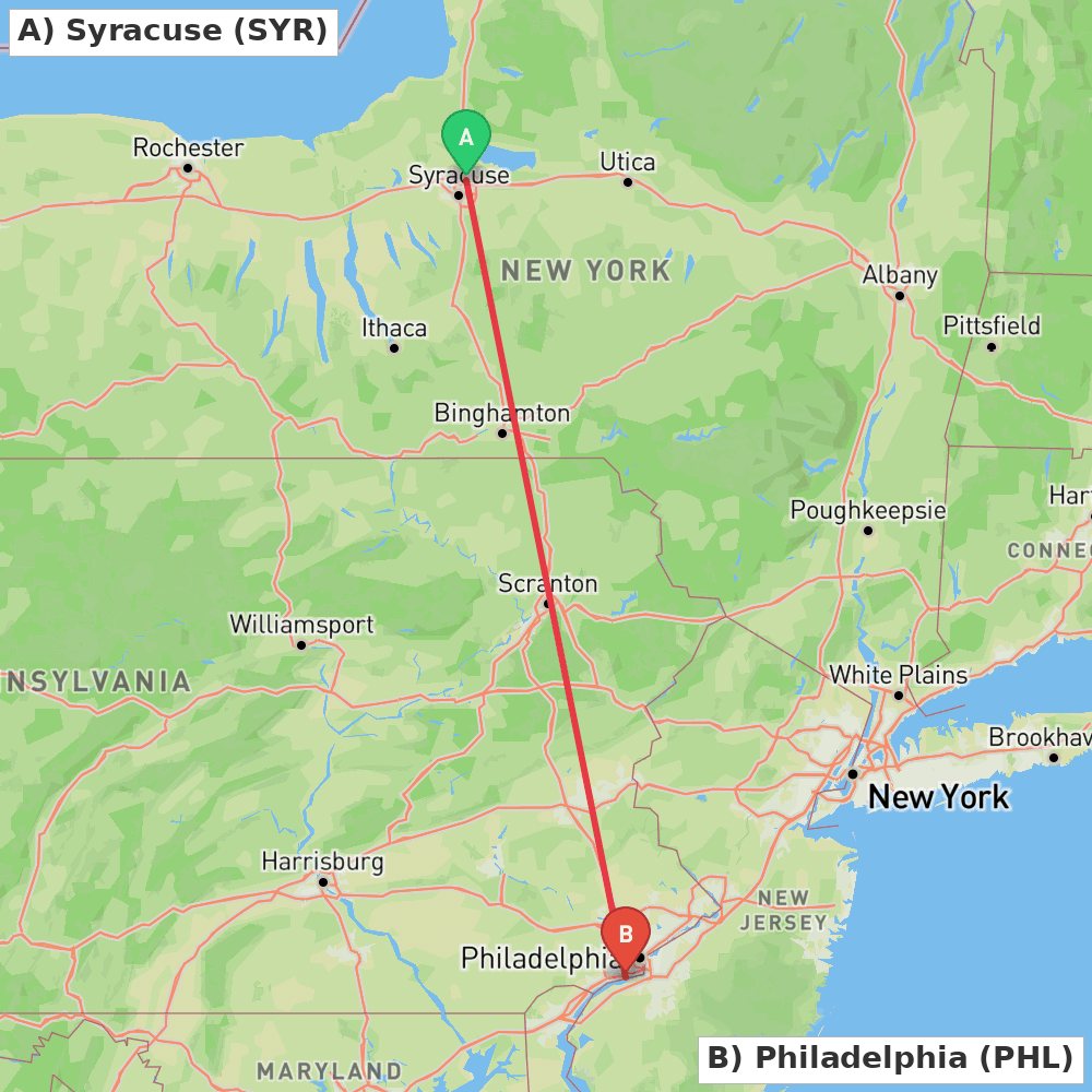 Flight route map from Syracuse to Philadelphia