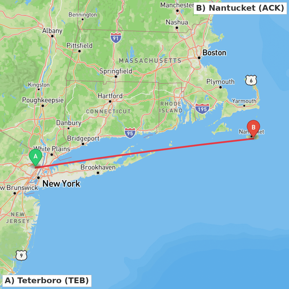 Flight route map from Teterboro to Nantucket