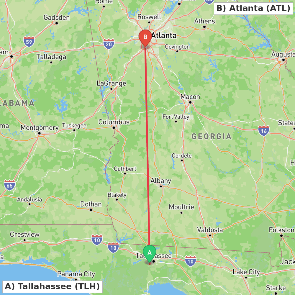 Flight route map from Tallahassee to Atlanta