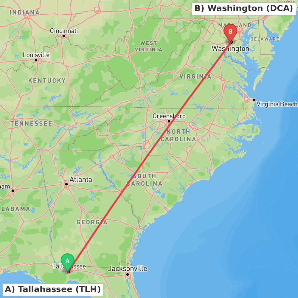 Flight route map from Tallahassee to Washington
