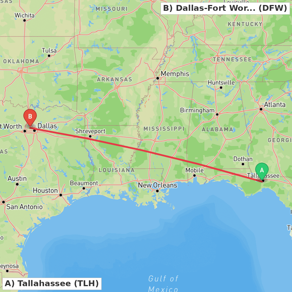 Flight route map from Tallahassee to Dallas-Fort Worth