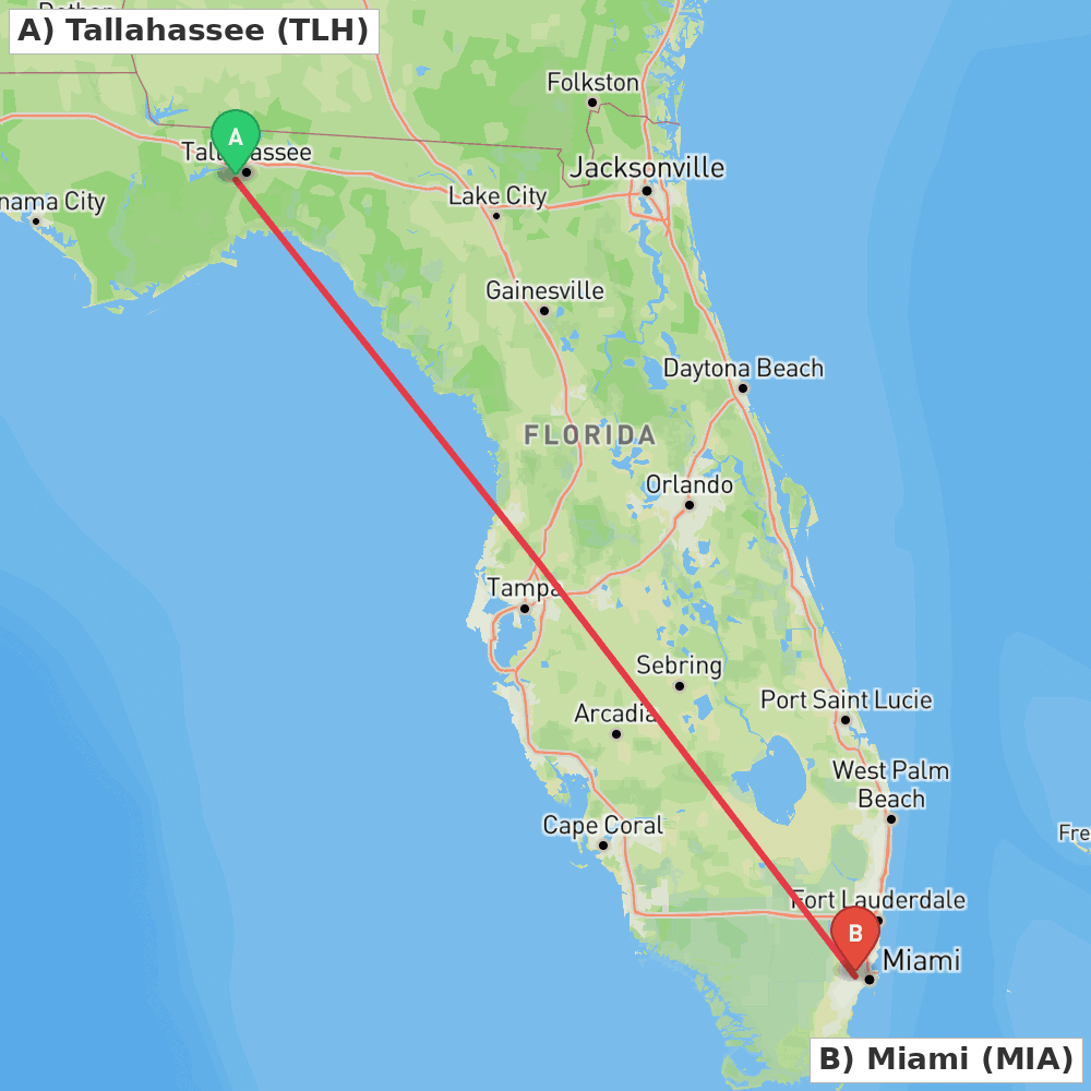 Flight route map from Tallahassee to Miami