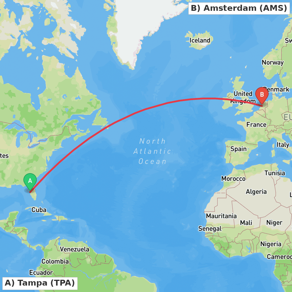 Flight route map from Tampa to Amsterdam