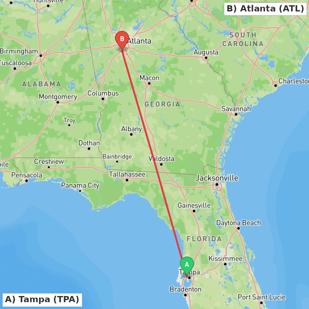 Flight route map from Tampa to Atlanta