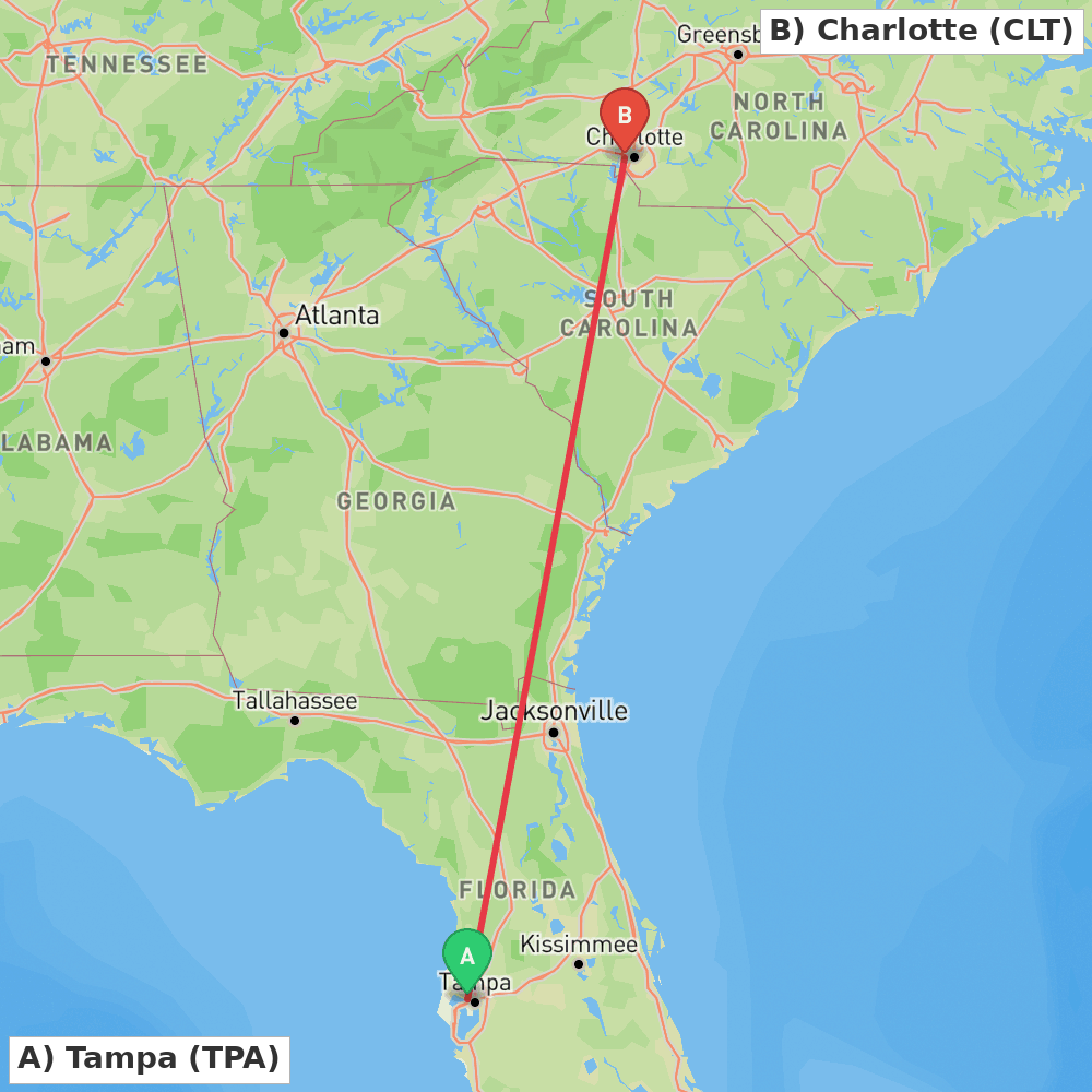 Flight route map from Tampa to Charlotte