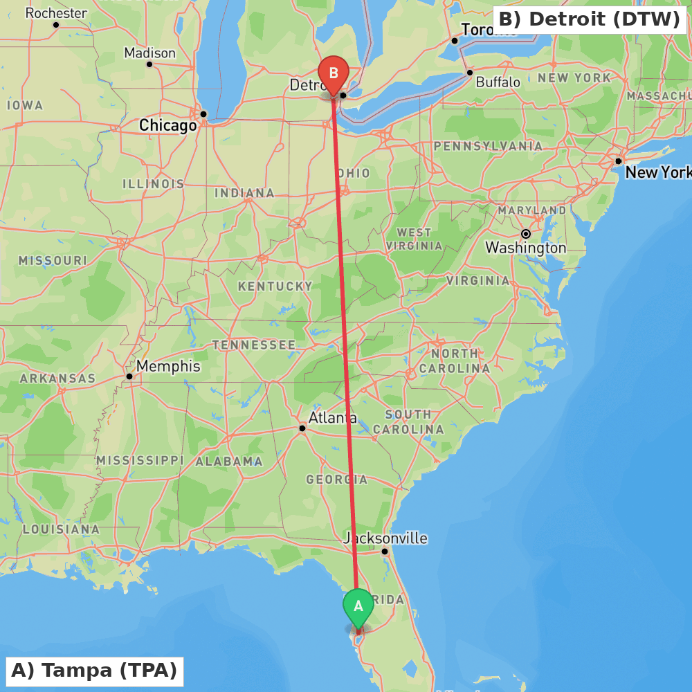 Flight route map from Tampa to Detroit