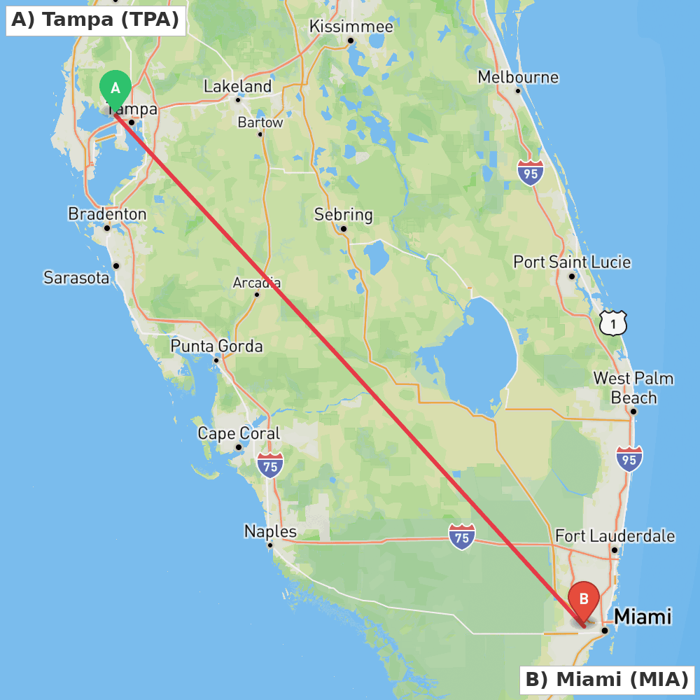 Flight route map from Tampa to Miami