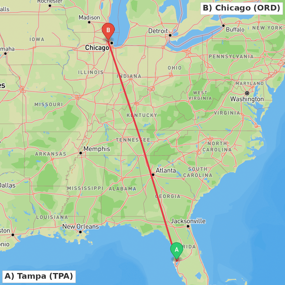 Flight route map from Tampa to Chicago