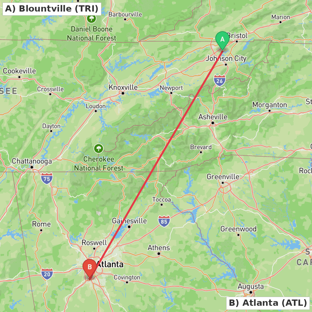 Flight route map from Blountville to Atlanta