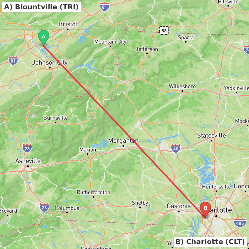 Flight route map from Blountville to Charlotte