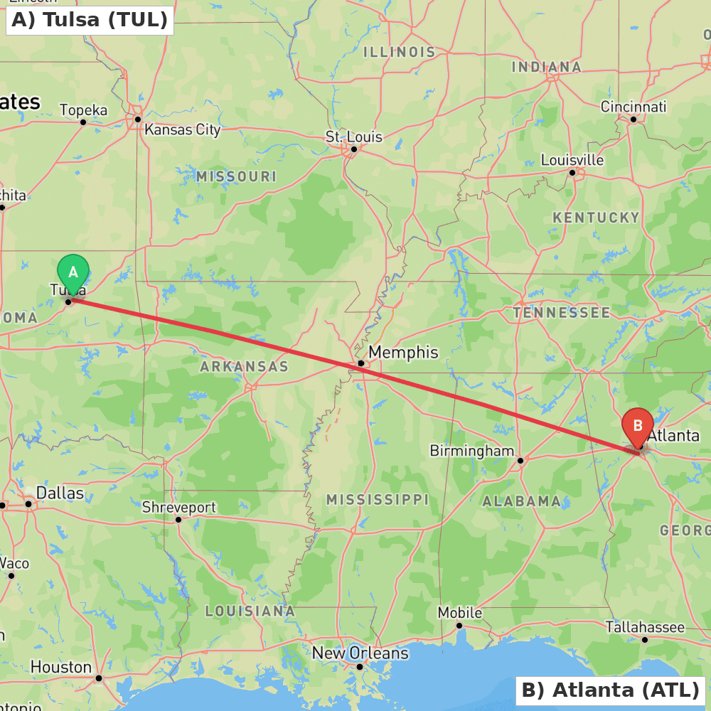 Flight route map from Tulsa to Atlanta