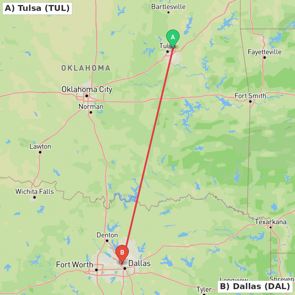 Flight route map from Tulsa to Dallas
