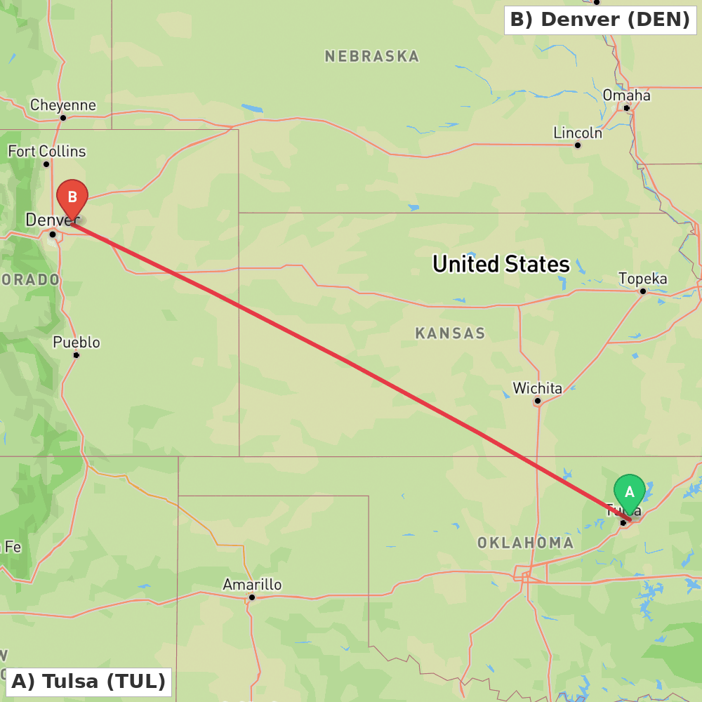 Flight route map from Tulsa to Denver