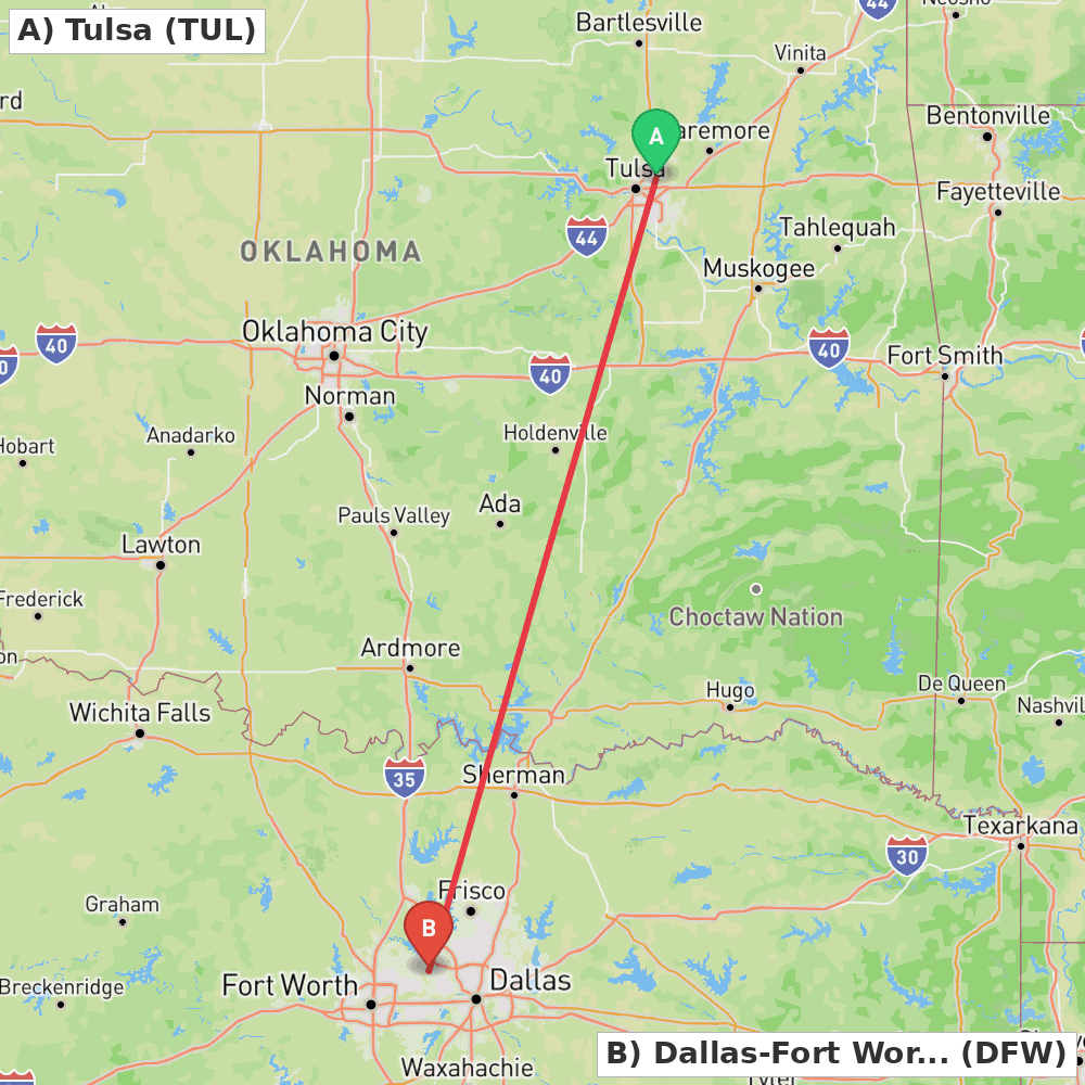Flight route map from Tulsa to Dallas-Fort Worth