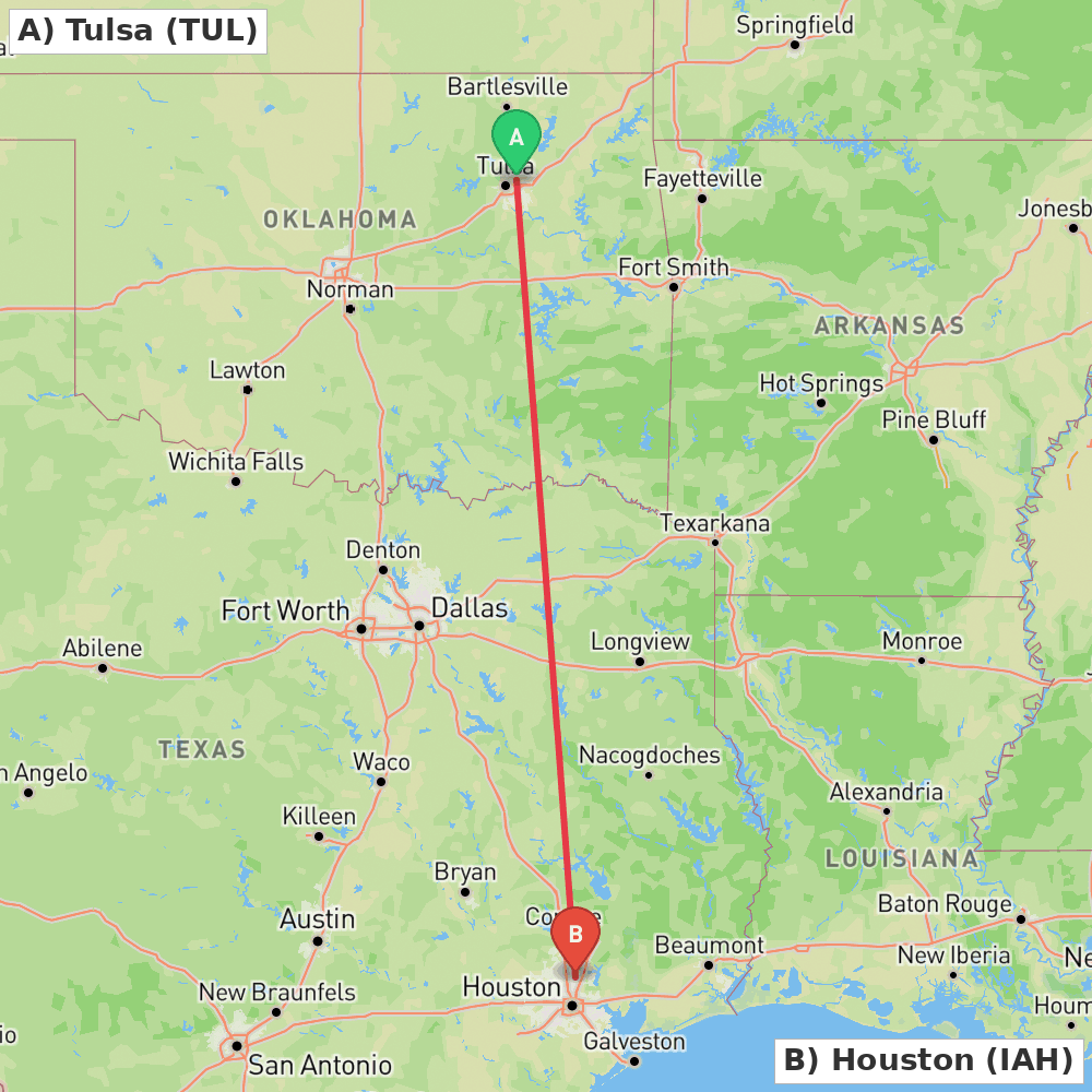Flight route map from Tulsa to Houston