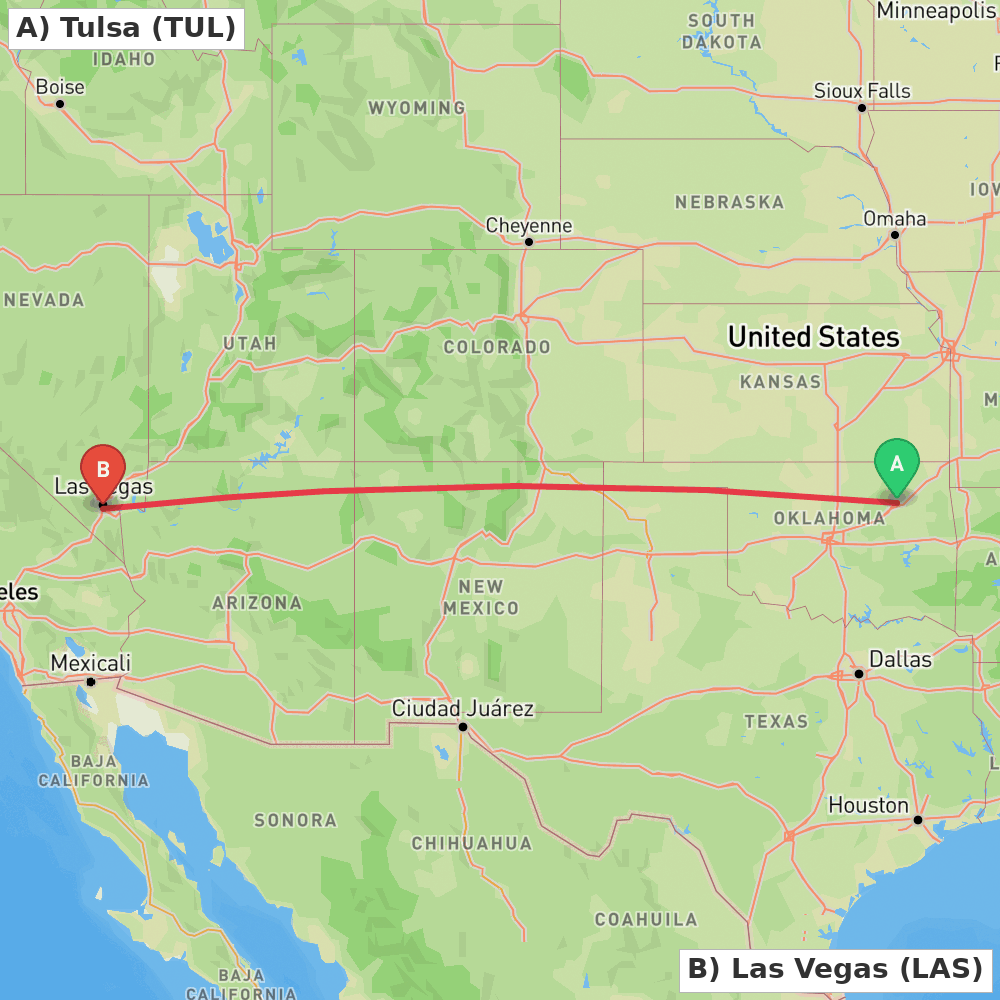 Flight route map from Tulsa to Las Vegas