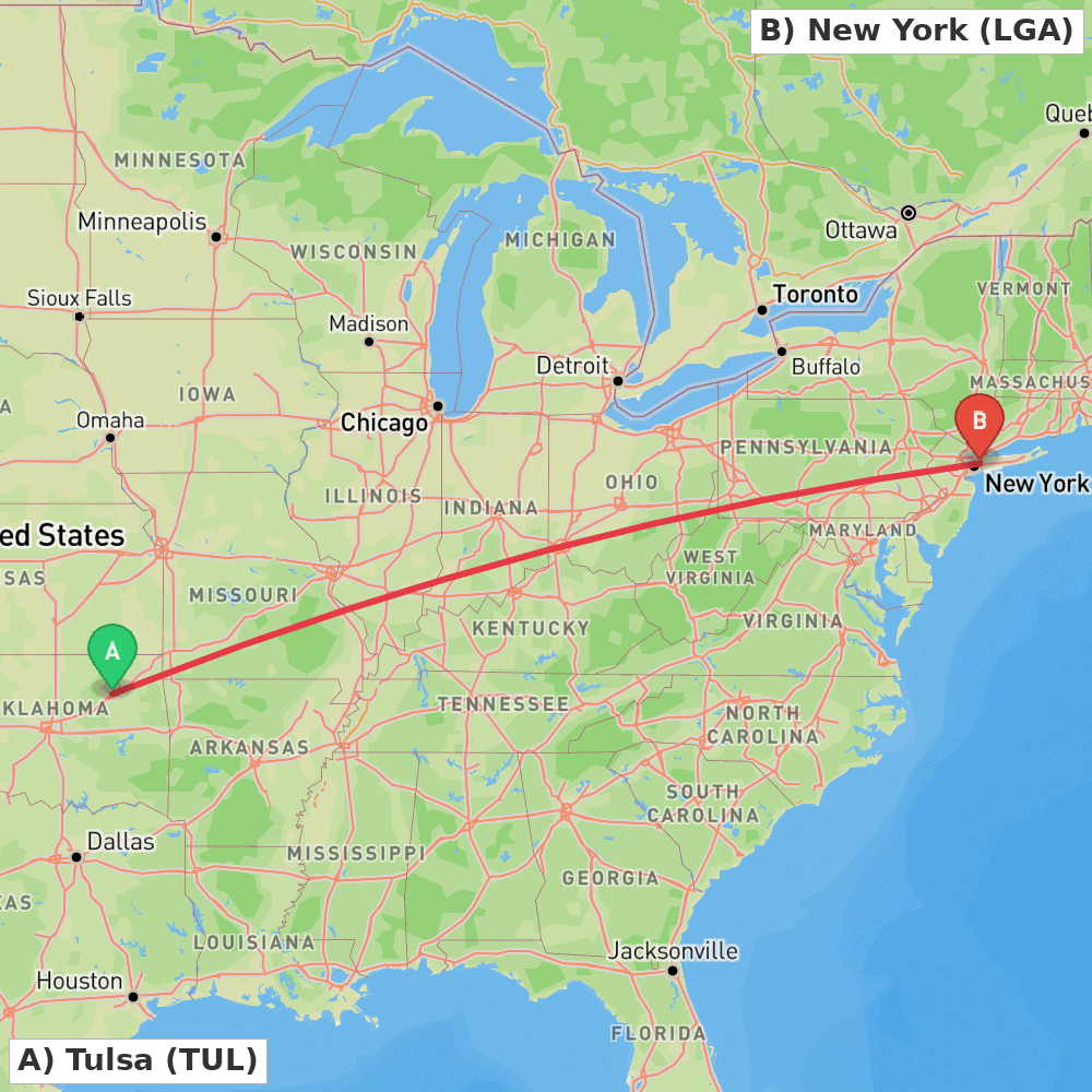 Flight route map from Tulsa to New York