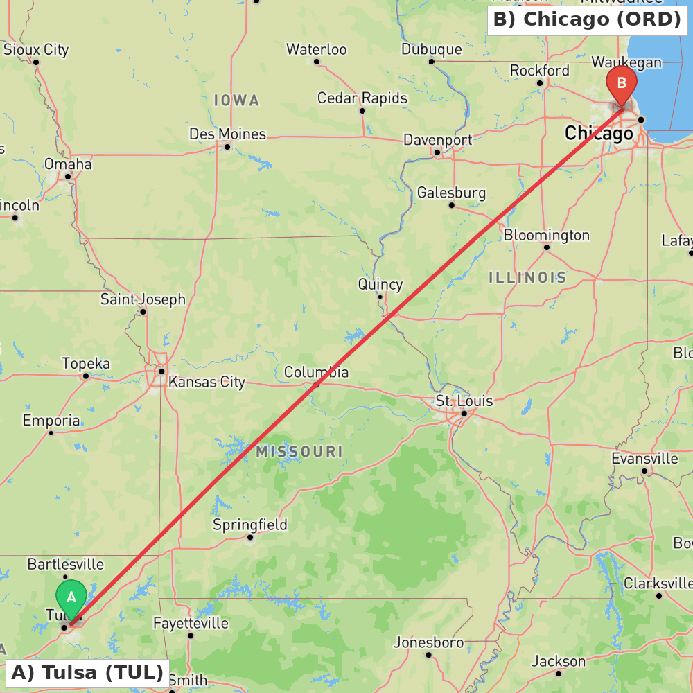 Flight route map from Tulsa to Chicago