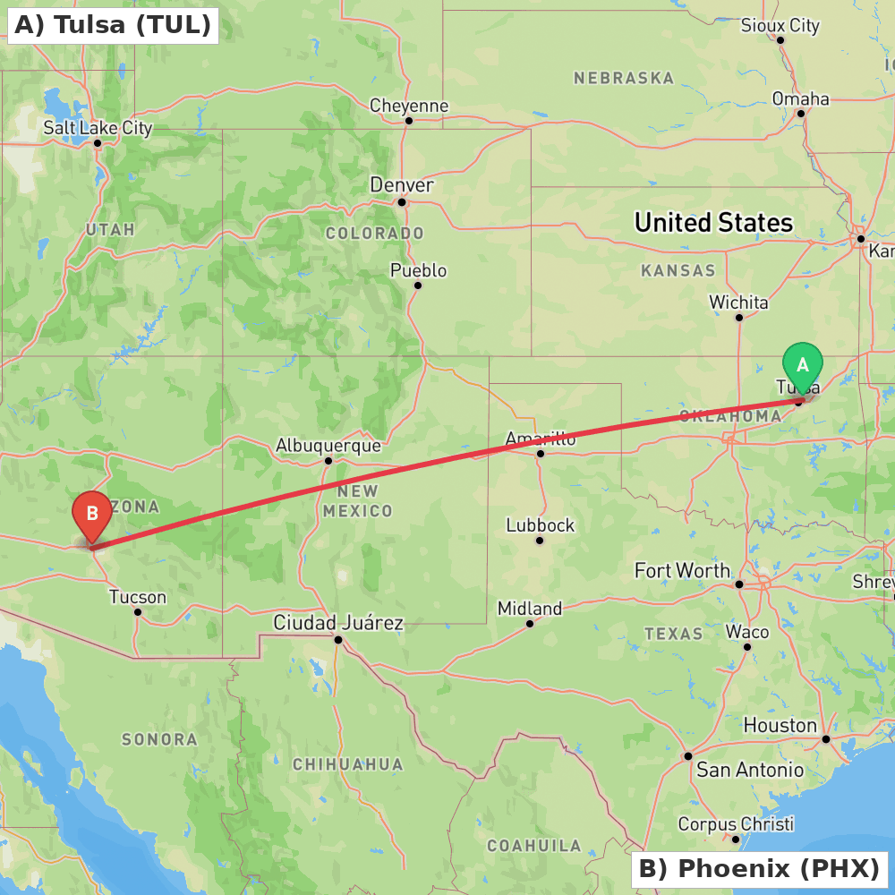 Flight route map from Tulsa to Phoenix