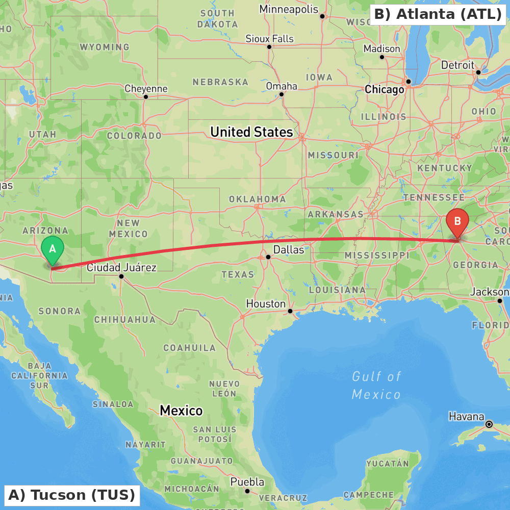 Flight route map from Tucson to Atlanta