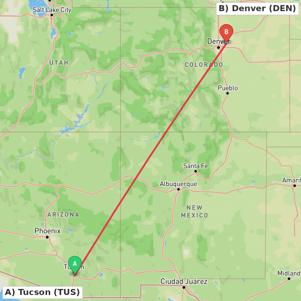 Flight route map from Tucson to Denver