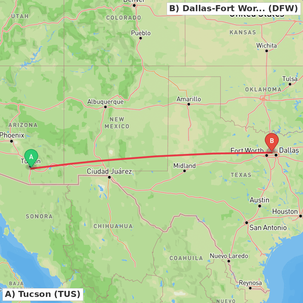 Flight route map from Tucson to Dallas-Fort Worth
