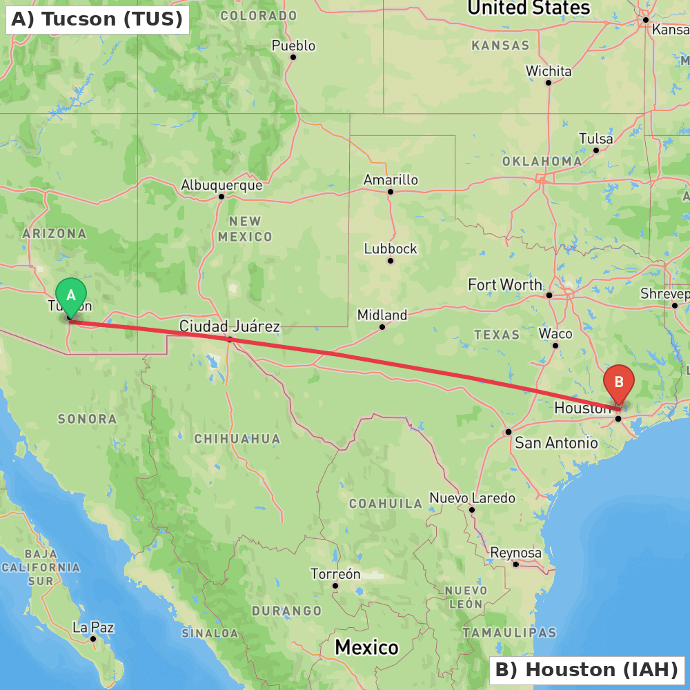 Flight route map from Tucson to Houston