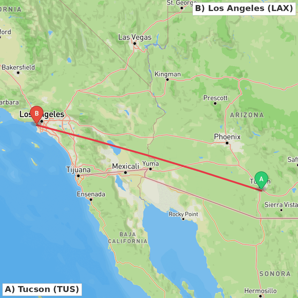 Flight route map from Tucson to Los Angeles