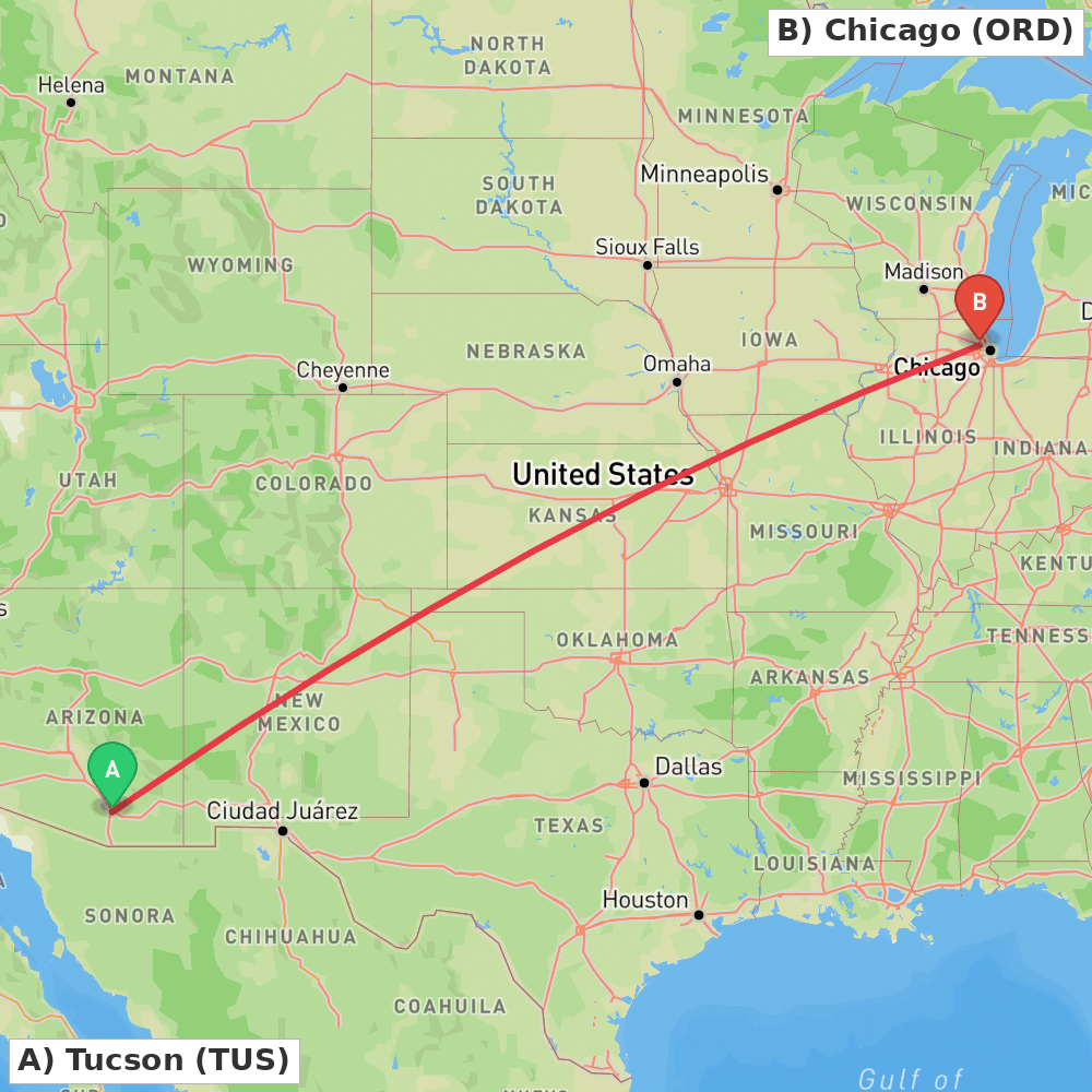 Flight route map from Tucson to Chicago